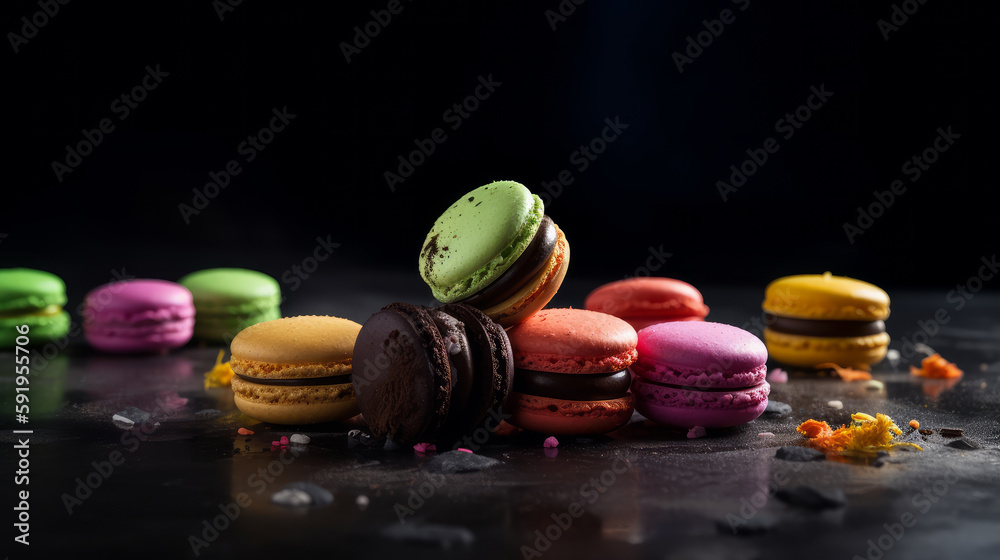 Multi flavored macaroons against dark background. Illustration AI Generative.