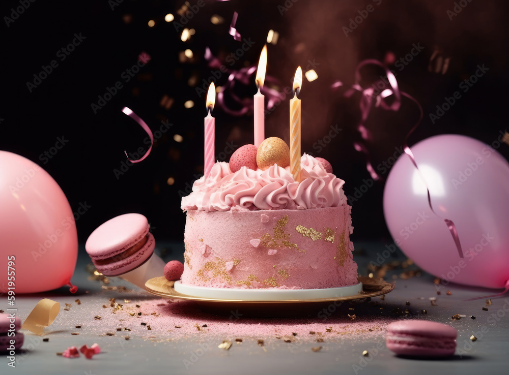 Happy Birthday Background with Cake. Illustration AI Generative.