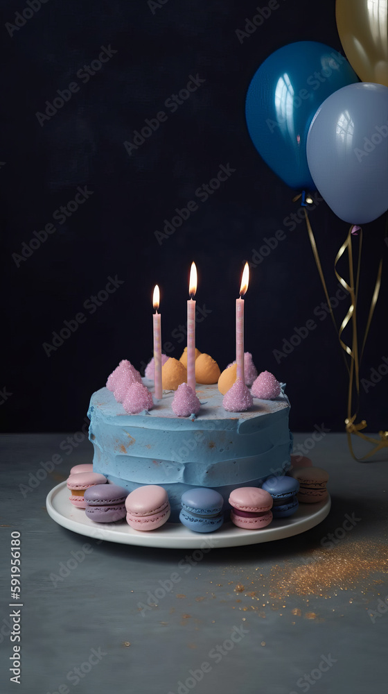 Happy Birthday Background with Cake. Illustration AI Generative.