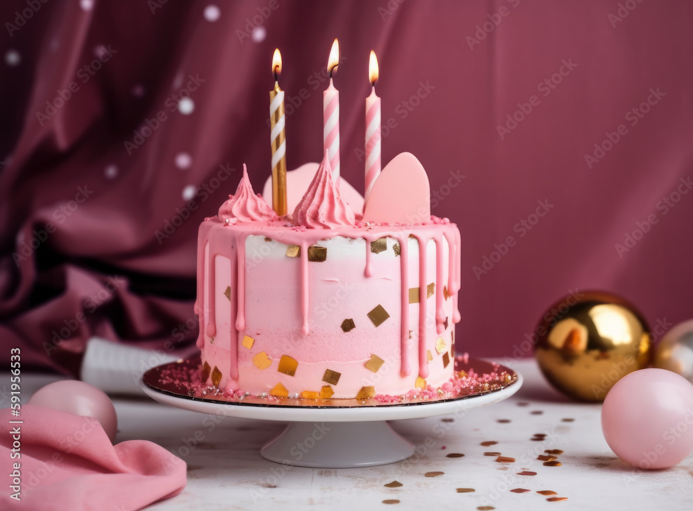 Happy Birthday Background with Cake. Illustration AI Generative.