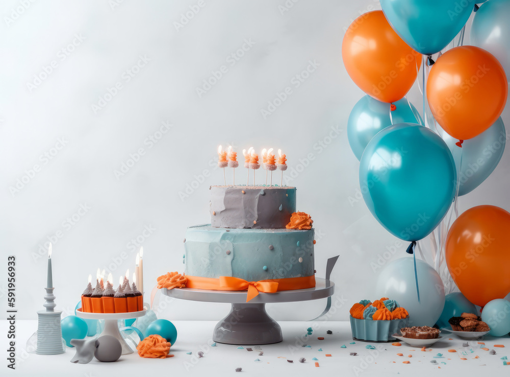 Happy Birthday Background with Cake. Illustration AI Generative.