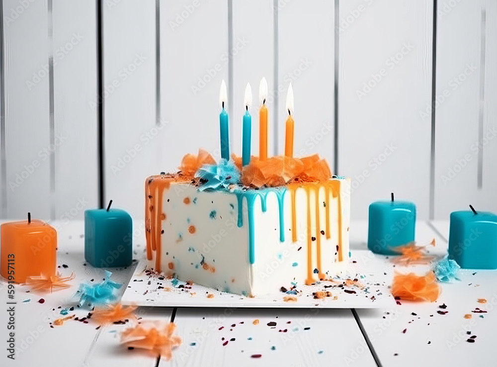 Happy Birthday Background with Cake. Illustration AI Generative.