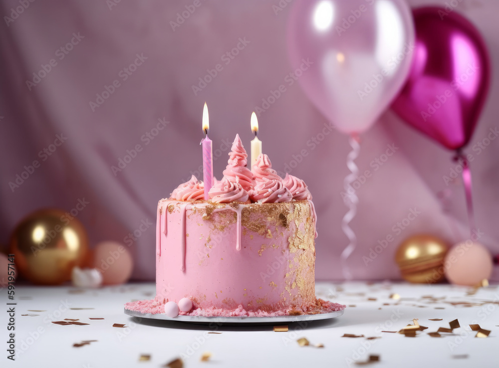 Happy Birthday Background with Cake. Illustration AI Generative.