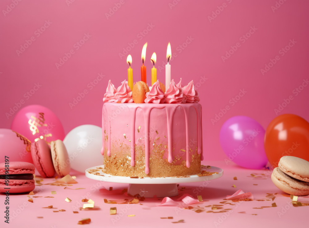 Happy Birthday Background with Cake. Illustration AI Generative.