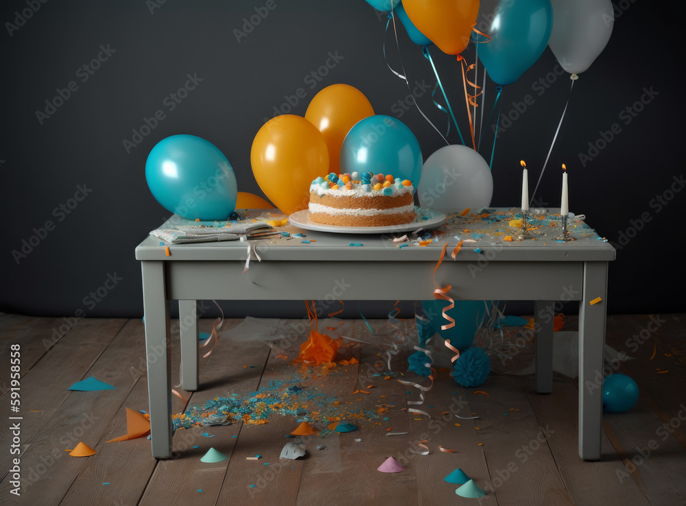 Happy Birthday Background with Cake. Illustration AI Generative.