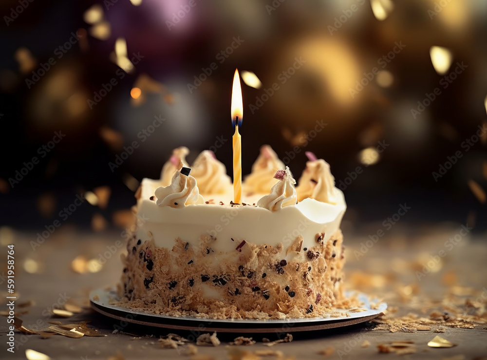 Happy Birthday Background with Cake. Illustration AI Generative.