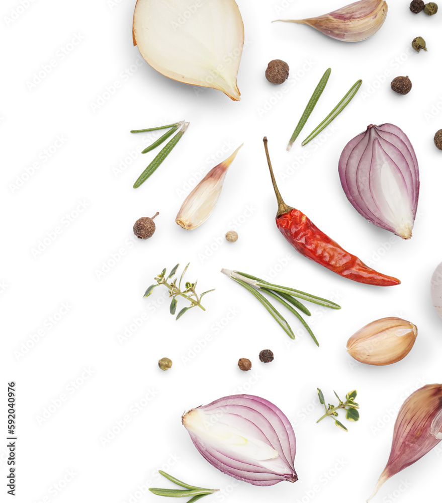 Composition with aromatic spices and onion on white background, closeup