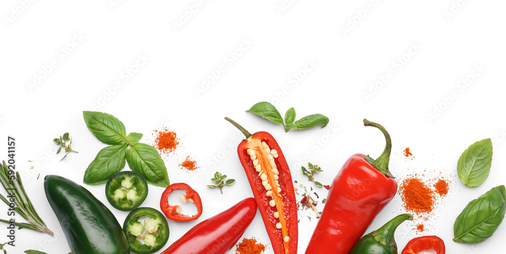 Composition with fresh herbs, spices and peppers on white background, closeup