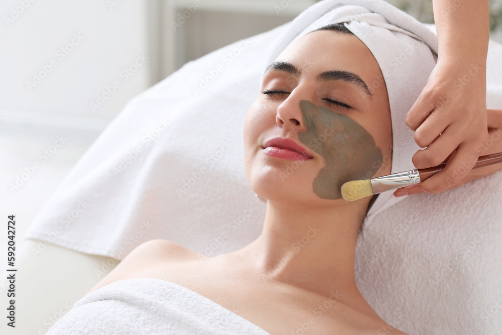 Cosmetologist applying clay mask onto young womans face in salon, closeup