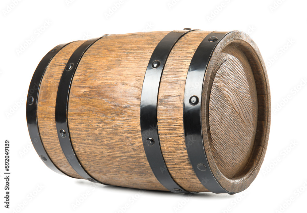 Oak barrel with metal hoops isolated on white background