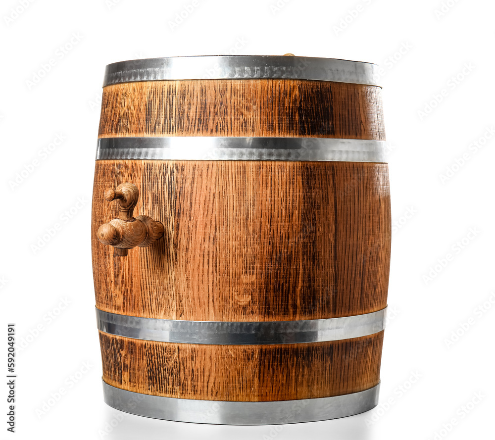 Oak barrel with metal hoops and tap isolated on white background