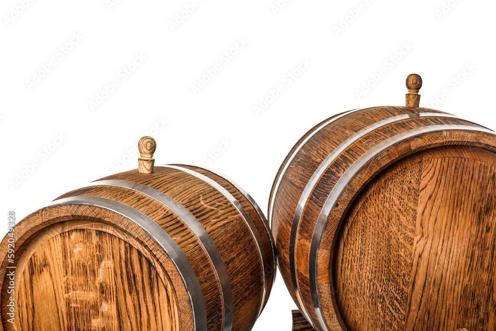 Oak barrels with metal hoops isolated on white background