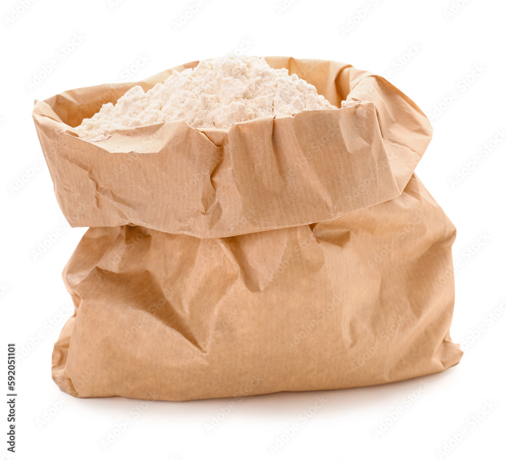 Paper bag with wheat flour isolated on white background