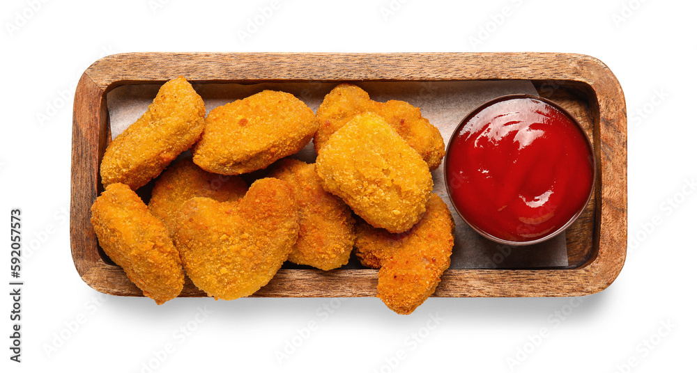 Wooden board with tasty nuggets and ketchup on white background