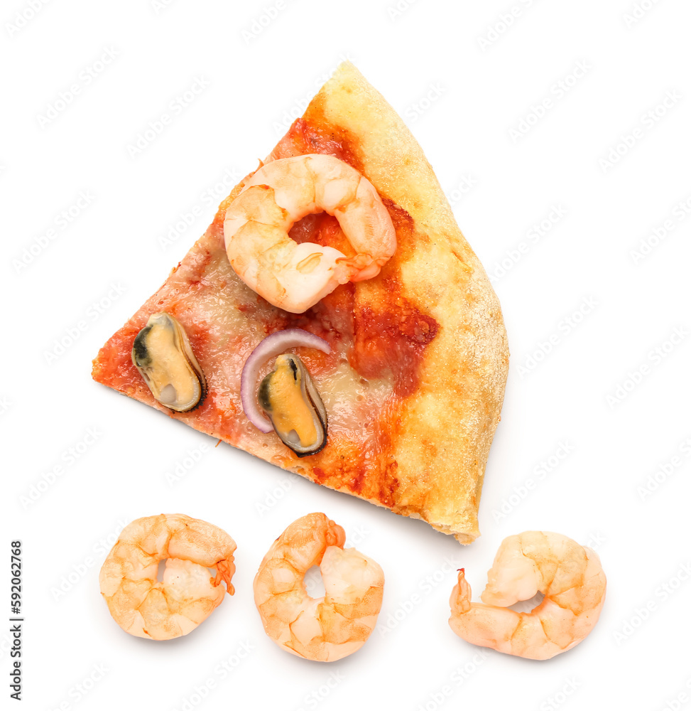 Slice of tasty seafood pizza and shrimps on white background