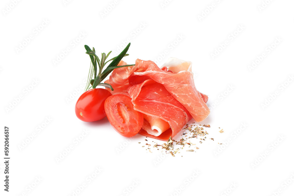 Tasty jamon slices and tomatoes on white background