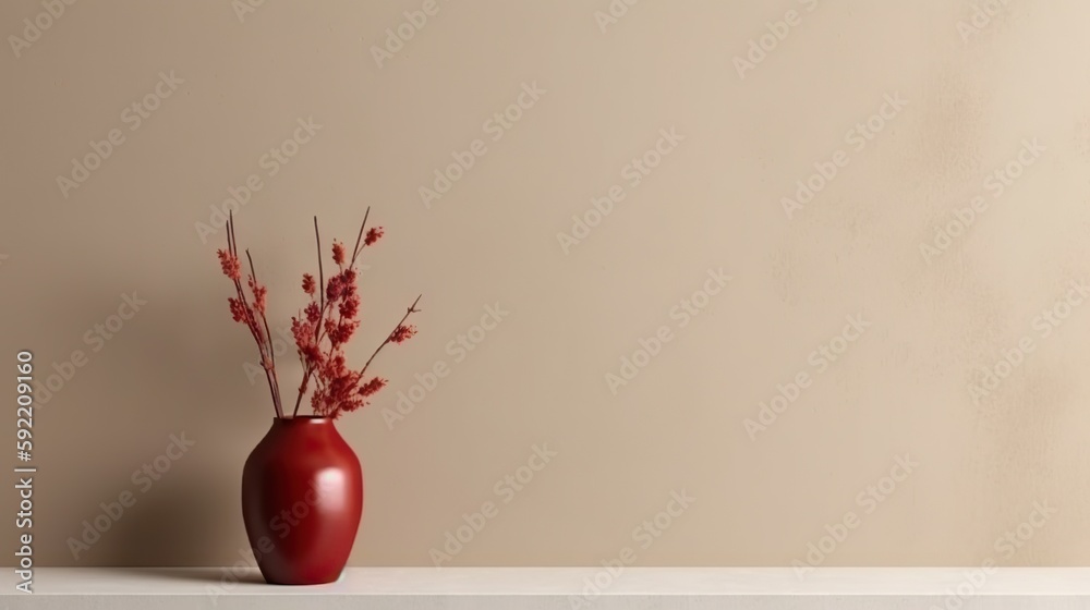 Vase with decorative dry plant branch against beige wall background. Minimalist interior mockup. Gen