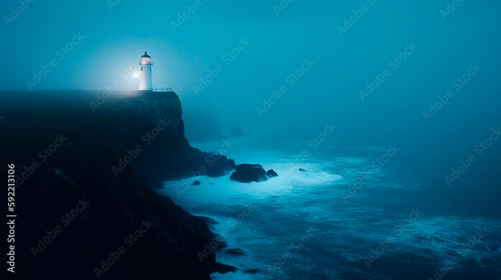 Lighthouse on a cliff edge in stormy and misty weather. Night landscape. Generative AI