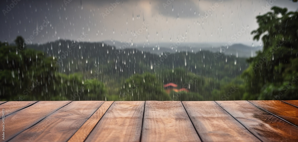 Wood table mockup with summer rain over green landscape. Empty copy space for product presentation. 