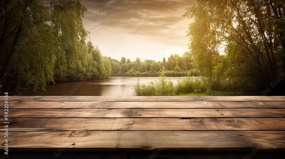 Wood table mockup with river in forest on background. Empty copy space for product presentation. Gen