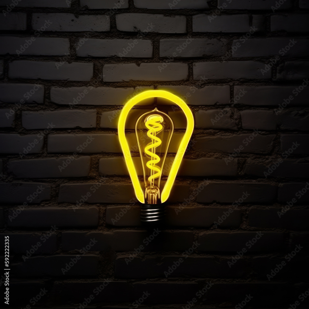 Yellow lighting bulb on dark background. Illustration AI Generative.