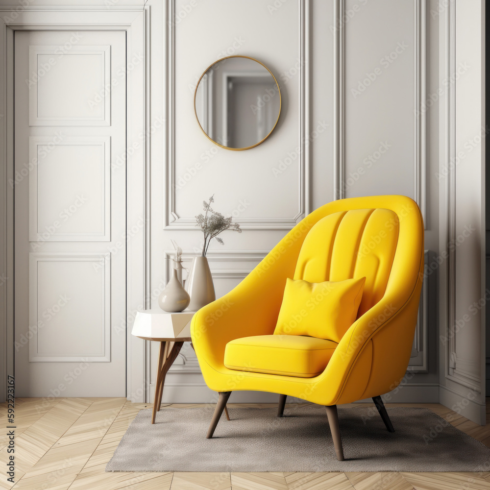 Modern interior with vivid chair. Illustration AI Generative.