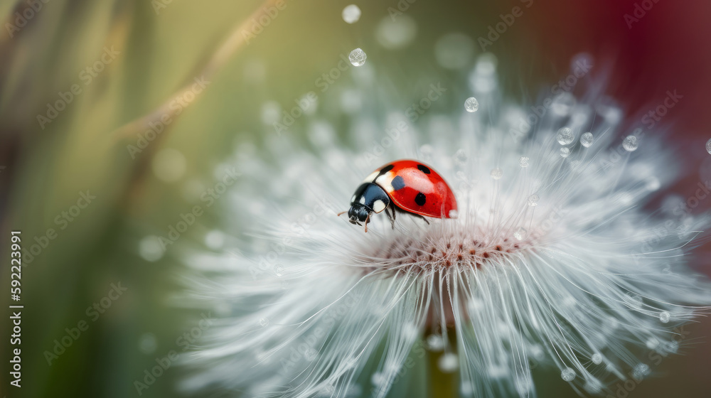 Ladybug on white dandelion.  Illustration AI Generative.