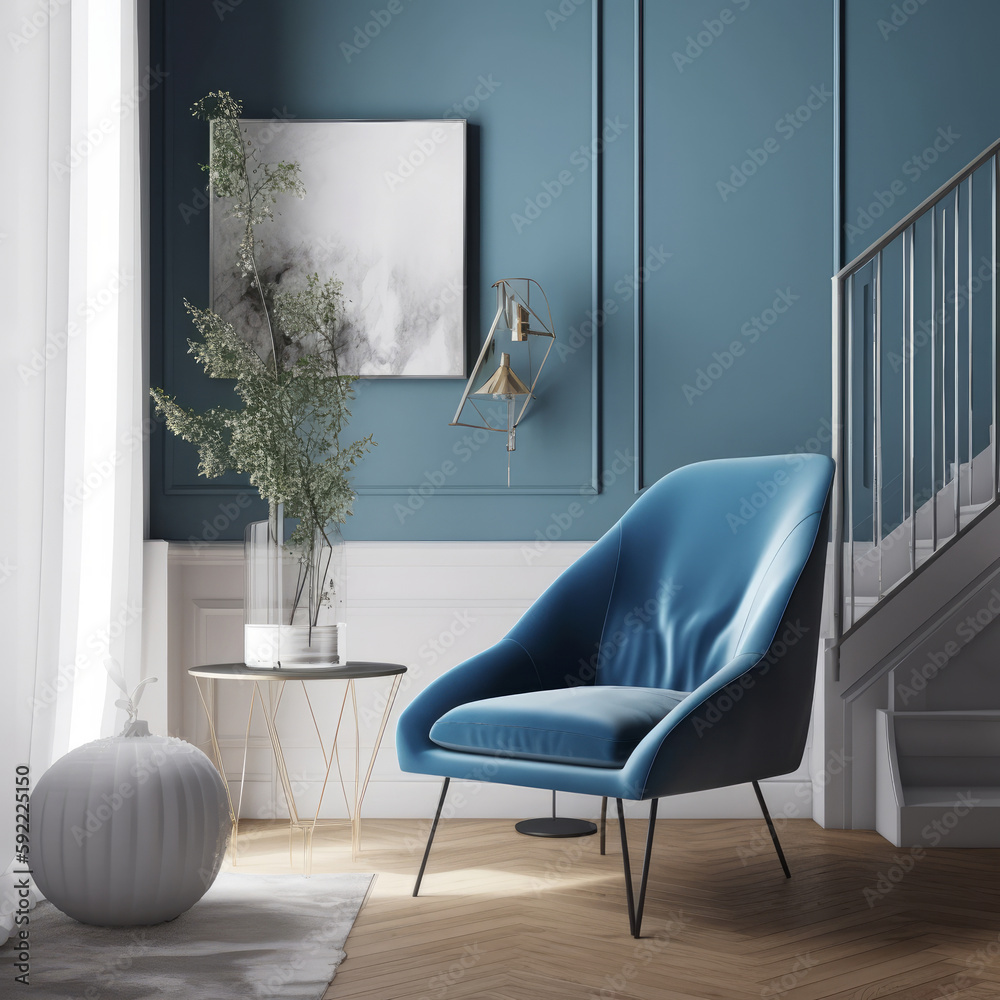 Modern interior with vivid chair. Illustration AI Generative.