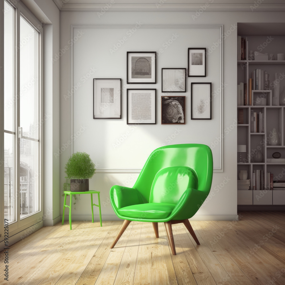 Modern interior with vivid chair. Illustration AI Generative.