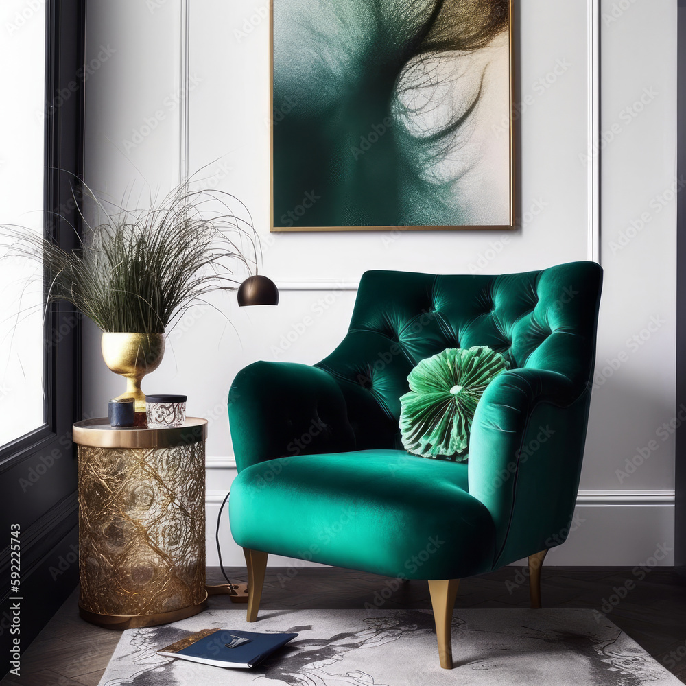 Modern interior with vivid chair. Illustration AI Generative.