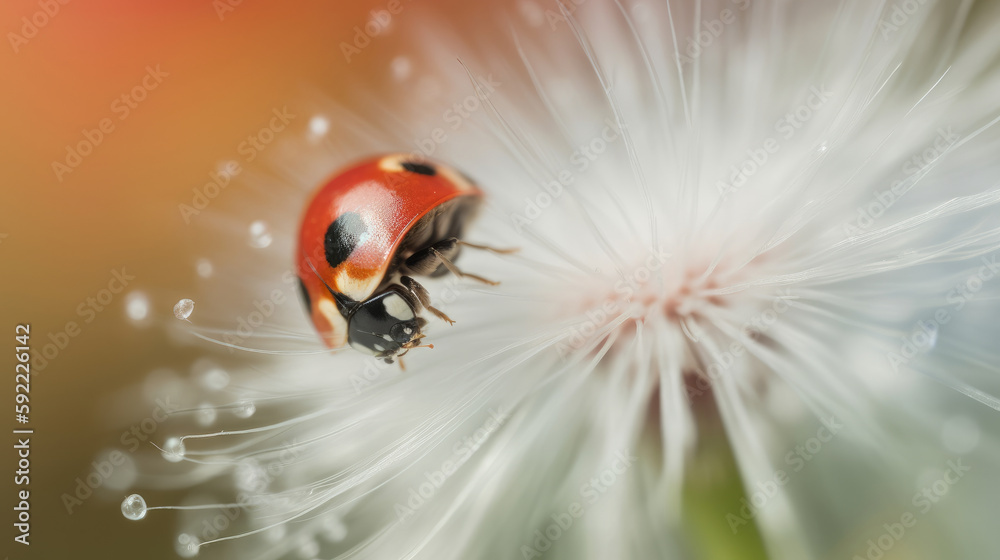 Ladybug on white dandelion.  Illustration AI Generative.