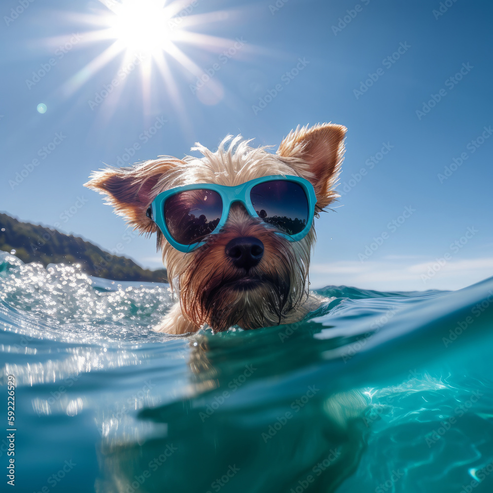 Cute dog swimming. Illustration AI Generative.