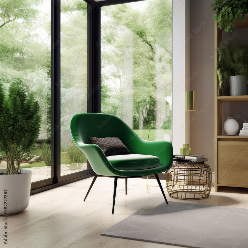 Modern interior with vivid chair. Illustration AI Generative.