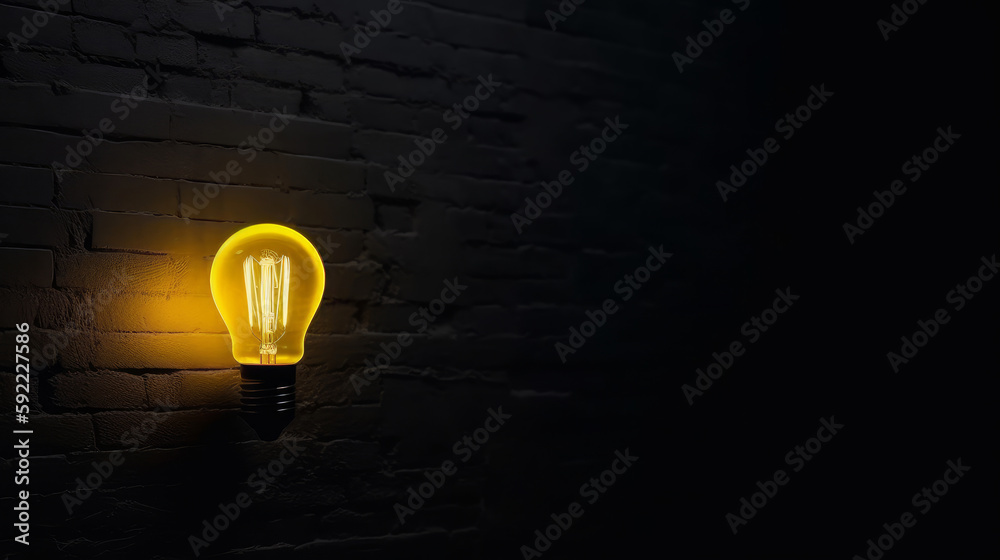 Yellow lighting bulb on dark background. Illustration AI Generative.