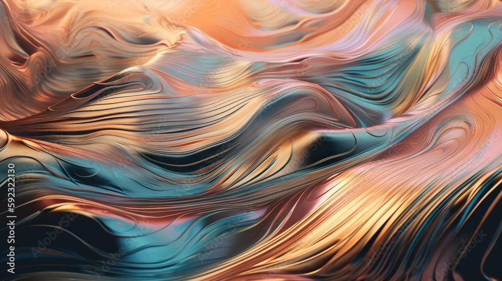 Wavy holographic foil. Neon gradient crumpled surface. Dreamy Y2K background. Generative AI