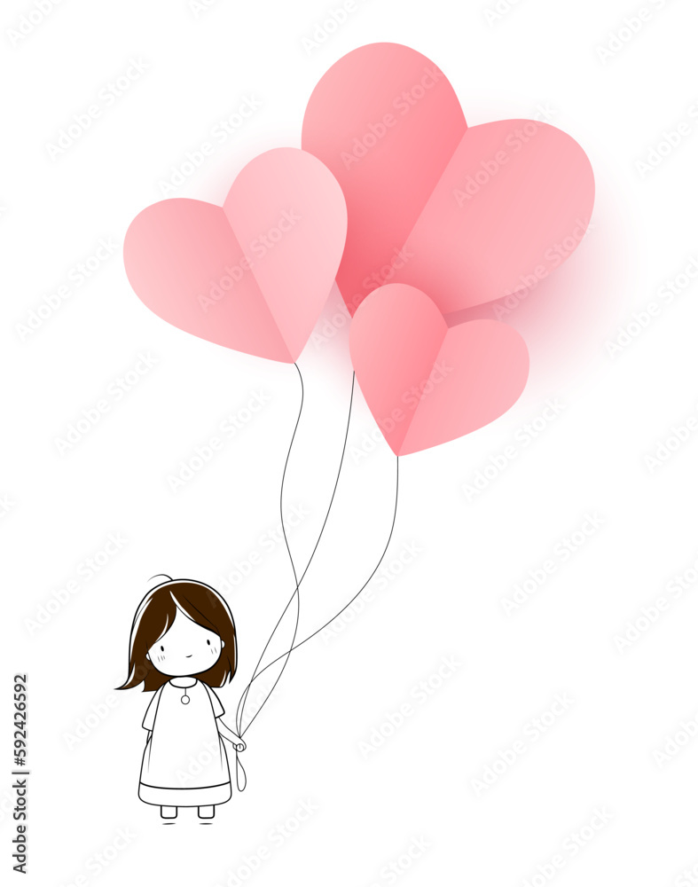 Cute baby girl with heart balloons. Vector Illustration