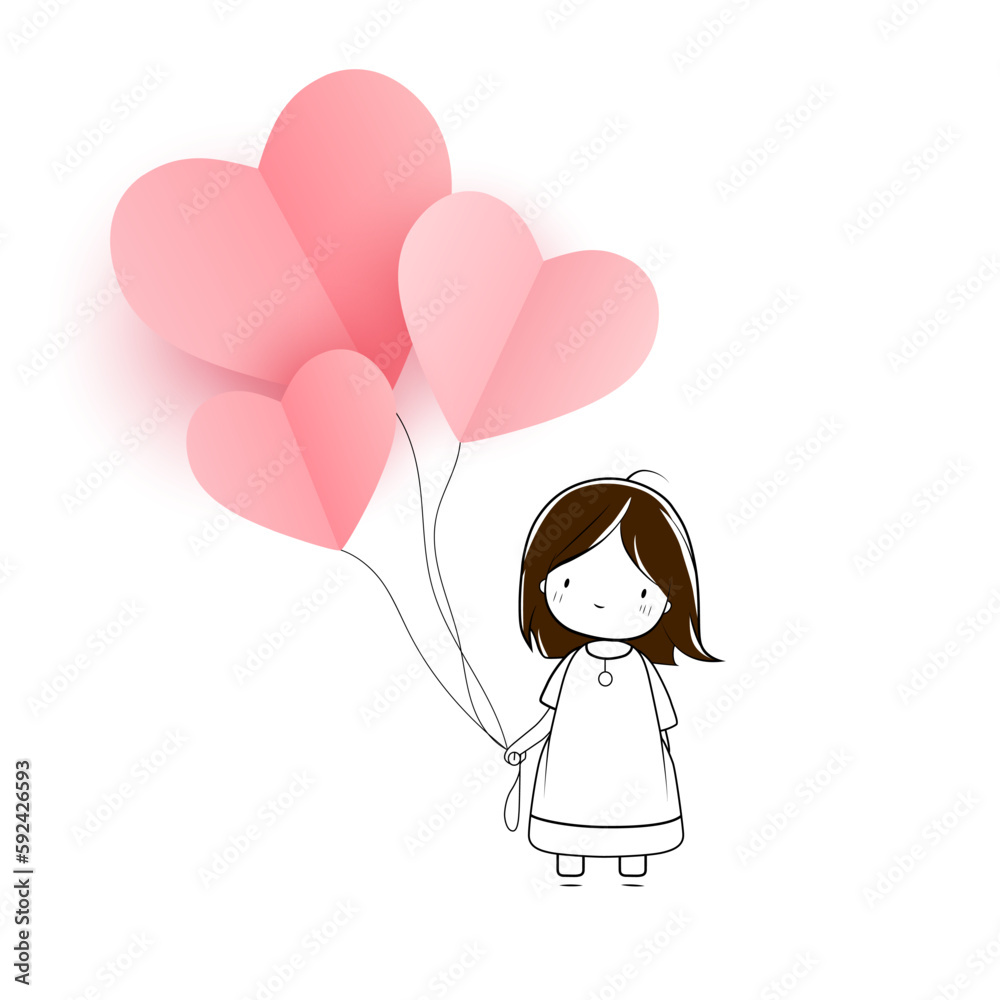 Cute baby girl with heart balloons. Vector Illustration