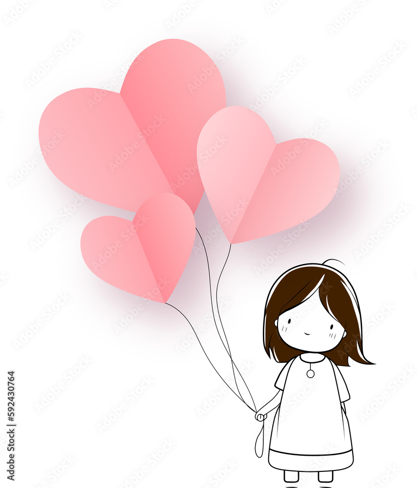 Cute baby girl with heart balloons. Vector Illustration