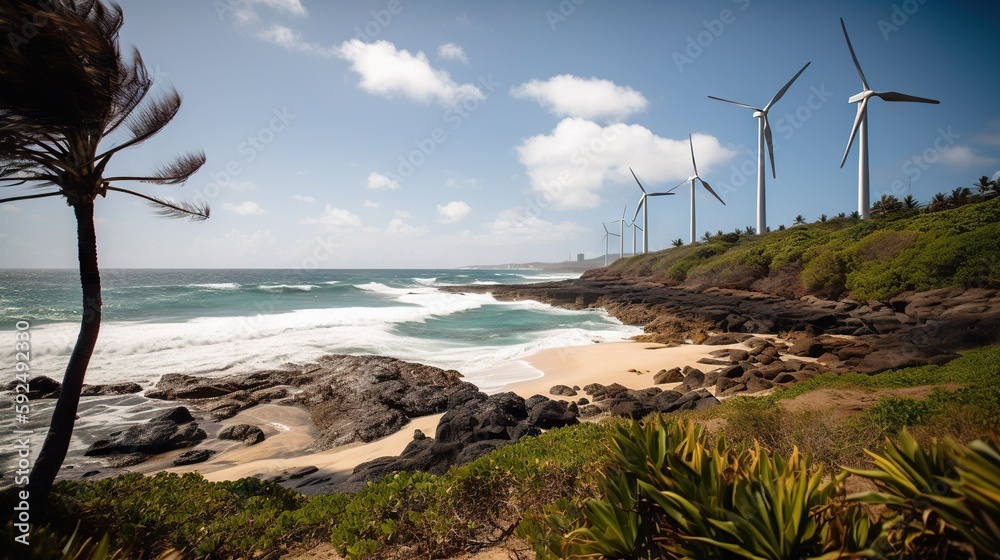 Windmill farm on the tropical ocean shore, windmills on a sunny day. Generative AI