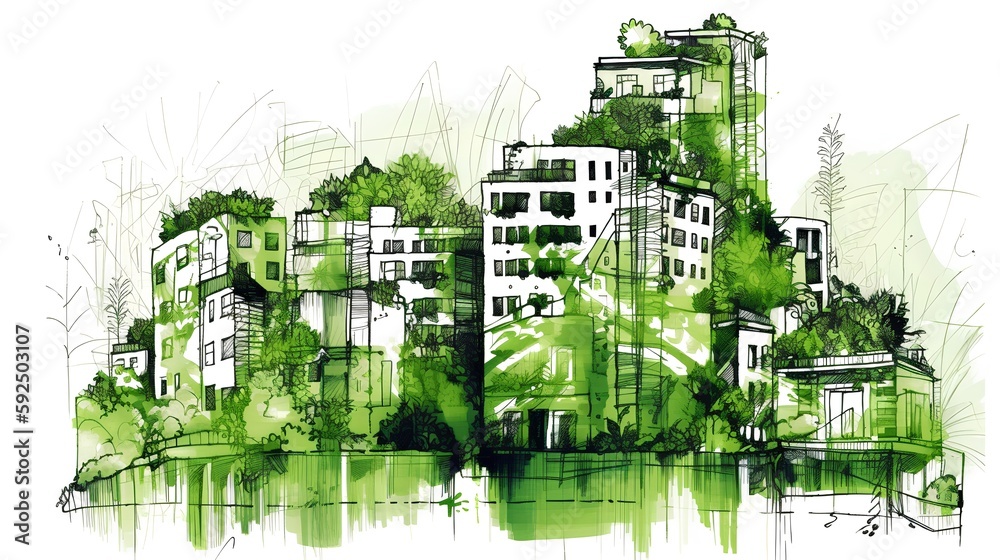 Vertical gardens on modern buildings with urban farming illustration. Generative AI