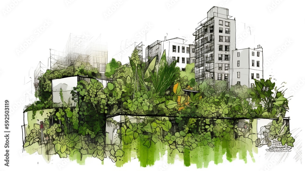 Vertical gardens on modern buildings with urban farming illustration. Generative AI