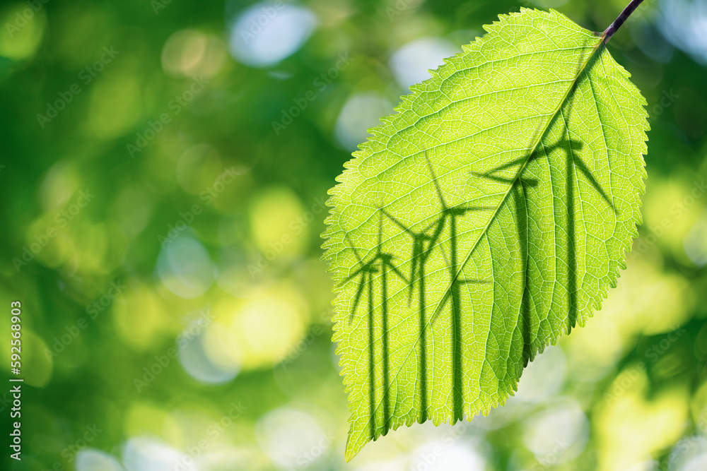 Silhouettes of wind turbines on a leaf background. Green energy concept