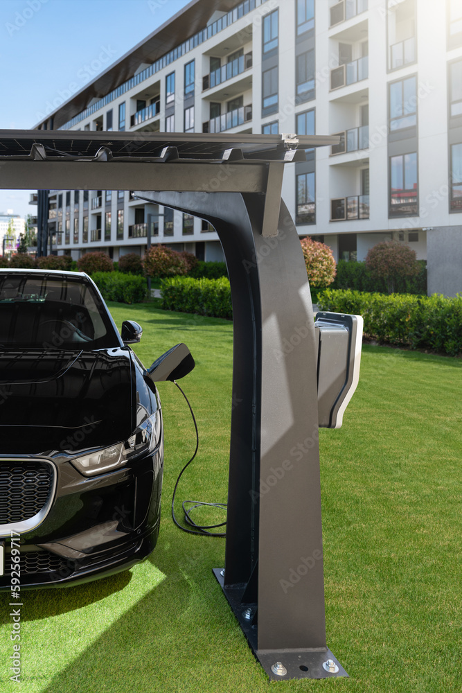 Electric car is charged from a charging station that takes energy from solar panels.