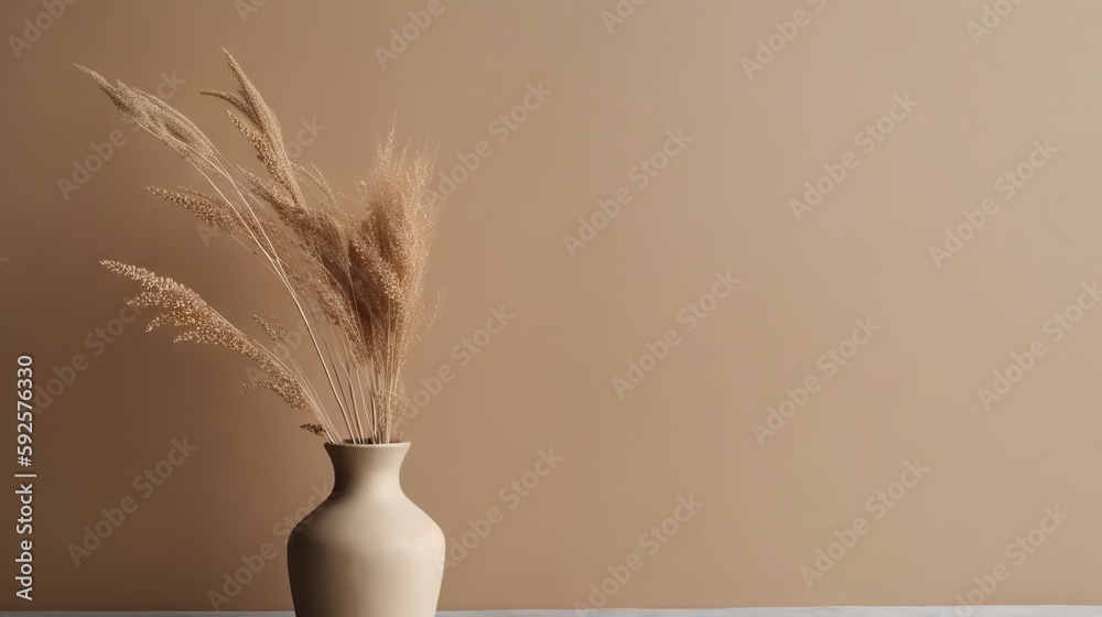 Vase with decorative dry plant branch against beige wall background. Minimalist interior mockup. Gen