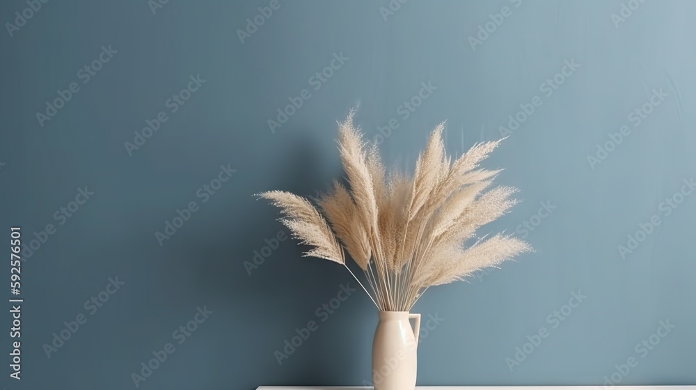 Vase with decorative plant branch against blue wall background. Minimalist interior mockup. Generati