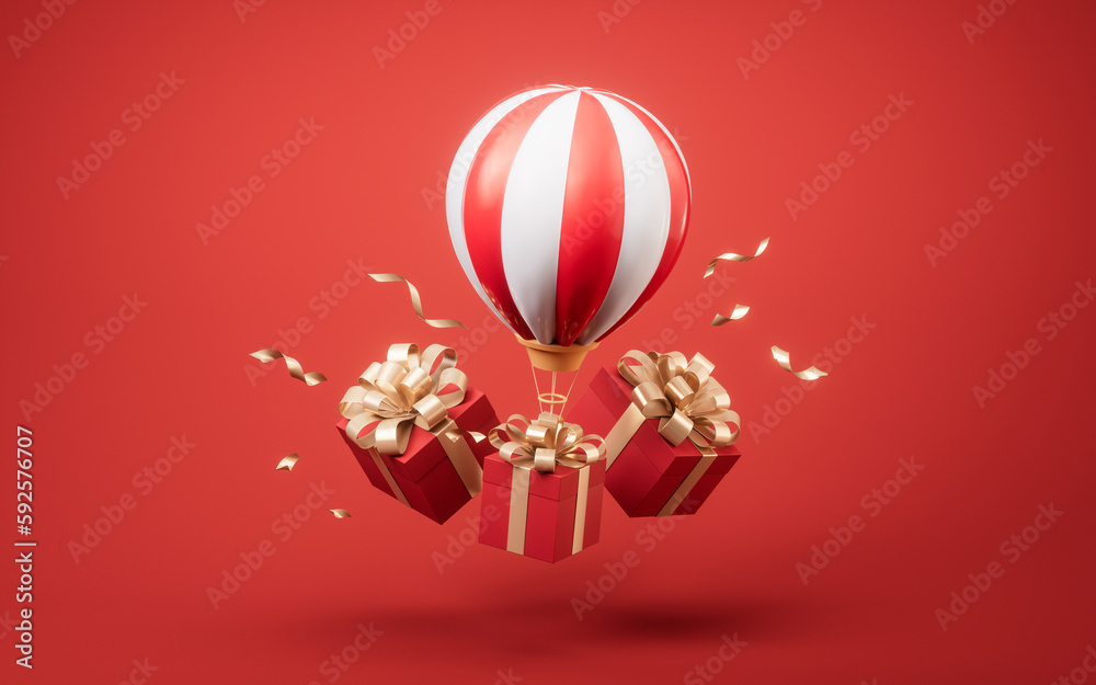 Hot air balloon and gift box, 3d rendering.