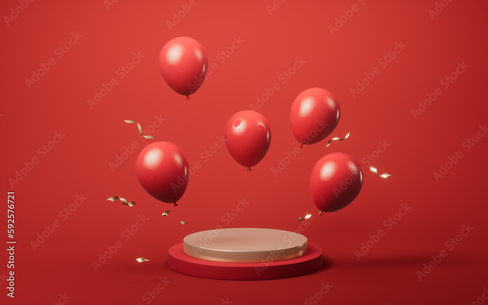 Balloons and stage, 3d rendering.