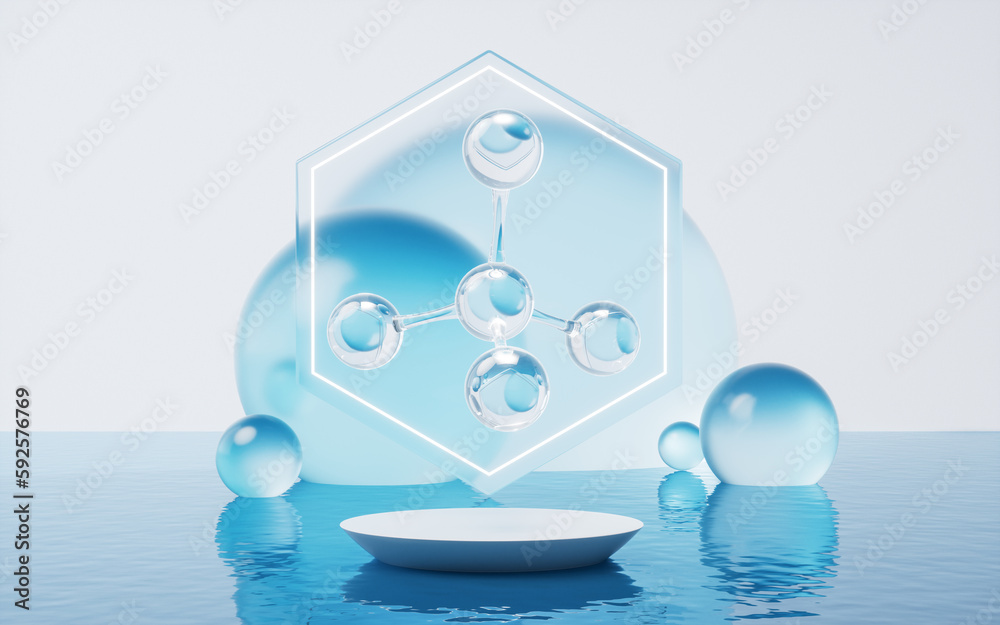 Molecule and water surface, 3d rendering.