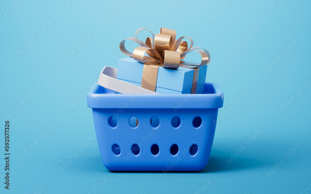 Gift box and shopping basket, 3d rendering.