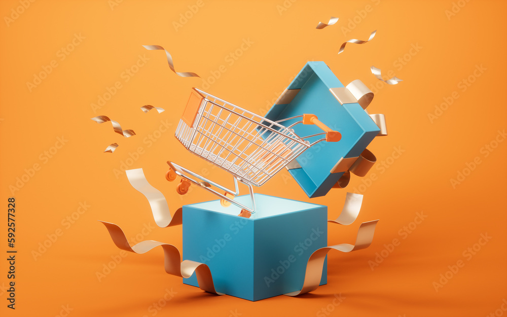 Gift box and shopping cart, 3d rendering.